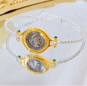 Etruscan Roman Coin Flip Emerald Cabochon 2tone Gold Plated Twisted Bracelet